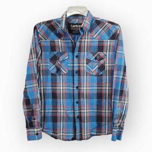 Carbon Western Plaid Button-down Shirt Long Sleeve Casual Cotton Blue Medium